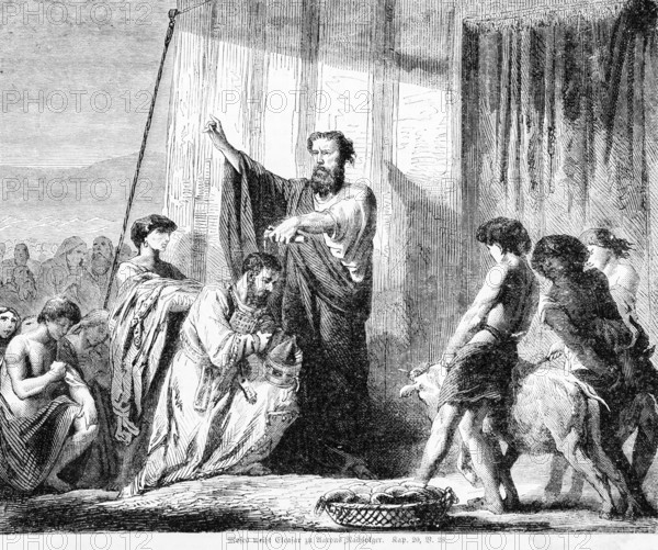 Moses consecrates Eleazar as Aaron's successor, Aaron, consecration, ceremony, group, kneeling, praying, pouring, cup, animals, Bible, Old Testament, Book of Moses, Chapter 20, Verse 28, historical illustration c. 1850