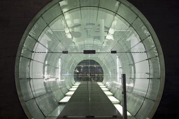 Illuminated, tubular entrance to the EnergieForum Berlin, Friedrichshain, Berlin, Germany, Europe