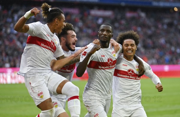 Goal celebrations for Enzo Millot VfB Stuttgart (08), Serhou Guirassy VfB Stuttgart (09), Lilian Egloff VfB Stuttgart (25), Juan Jose Perea VfB Stuttgart (11), Allianz Arena, Munich, Bavaria, Germany, Europe