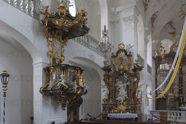 Rococo side pulpit and side altar in the pilgrimage church of Maria Limbach, built 1751-1755, Limbach, Lower Franconia, Bavaria, Germany, Europe