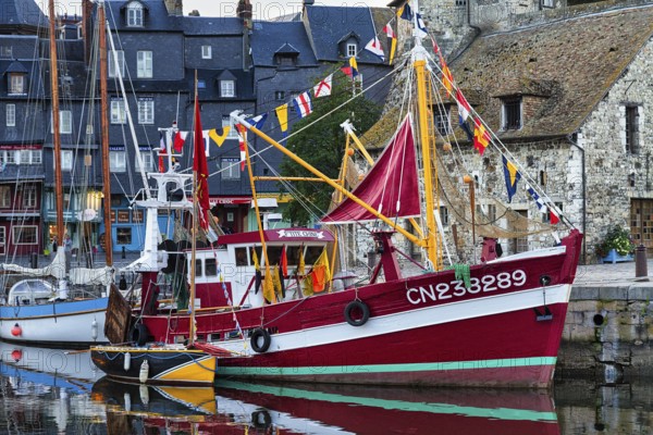 Decorated fishing boat Little China, harbour basin in the old town, Honfleur in the evening, Département Calvados, Basse-Normandie, France, Europe