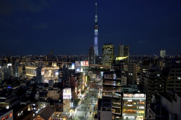 City view with the Skytree, with 634 meters the highest television tower of the earth, blue hour, Tokyo, Japan, Asia