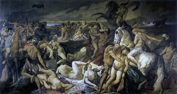 The Battle of the Amazons, a painting by the German painter Anselm Feuerbach, Saga of the Amazons in the Trojan War, Historical, digitally restored reproduction of a 19th century original, exact date unknown