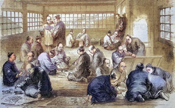 Art School, Men in a Painting School in Japan in 1869, Historic, digitally restored reproduction of a 19th century original