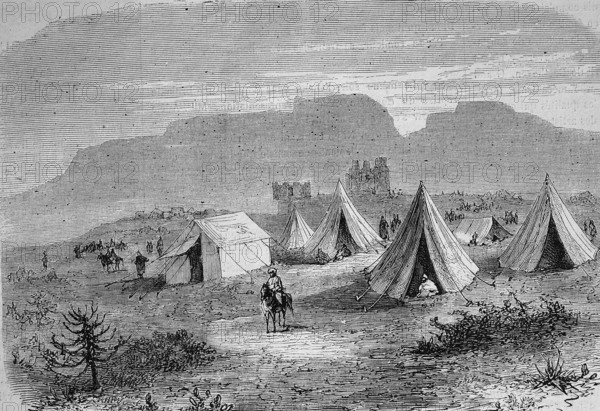Post of the Cipayes on the way to Magdala, today Amba Mariam, 1869, Abyssinia, today Ethiopia, Historical, digitally restored reproduction of an original 19th century painting, exact original date unknown