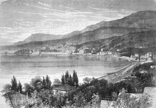 The Town of Menton on the Mediterranean, 1869, France, Historical, digitally restored reproduction of a 19th century original, exact original date unknown, Europe