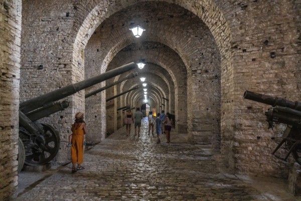 Interiors with the cannons of the fortress of the Ottoman castle of Gjirokaster or Gjirokastra. Albanian