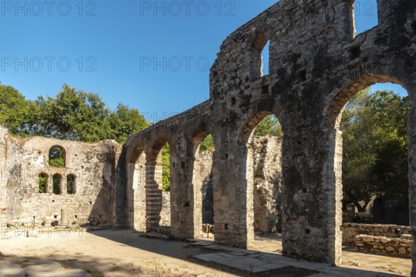 Arches in the Great Basilica in the archaeological ruins of Butrint or Butrinto National Park in Albania