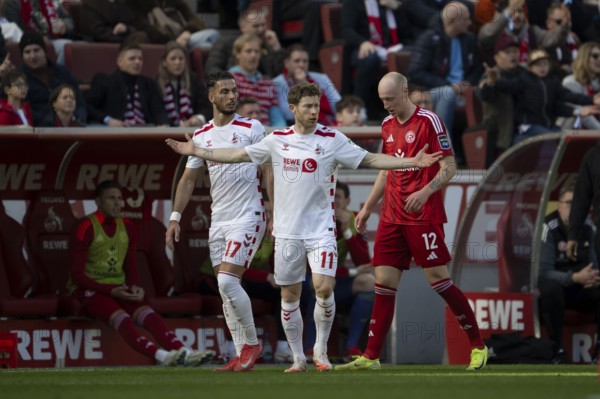 (DFL/DFB REGULATES PROHIBIT ANY USE OF PHOTOGRAPHS AS IMAGE SEQUENCES AND/OR QUASI-VIDEO), RheinEnergieStadion, Cologne, North Rhine-Westphalia, Florian Kainz (1.FC Köln, midfield, #11), Leart Pacarada (1.FC Köln, defence, #17), Valgeir Lunddal (Fortuna Düsseldorf 1895, defence, #12), 2nd Bundesliga, 1.FC Köln, Fortuna Düsseldorf 1895 on 23.02.2025 at the RheinEnergieStadion in Cologne Germany