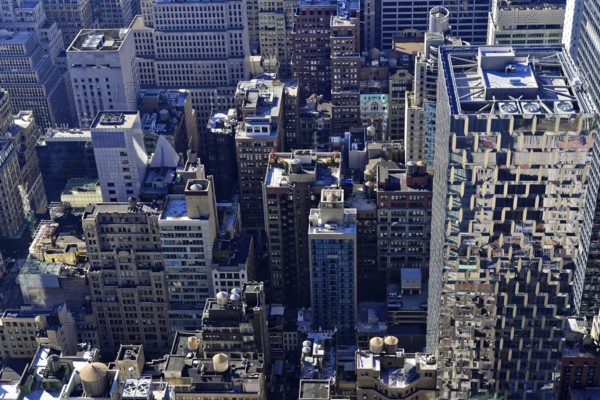 Viewing terrace of Rockefeller Center, overview of a dense collection of buildings and urban structure, Manhattan, New York City, New York, USA, North America