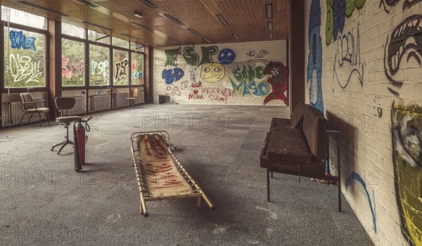A room in decay with graffiti and damaged furniture, flooded with daylight, Institute of Molecular Biology, Lost Place, Sint-Genesius-Rode, Province of Flemish Brabant, Belgium, Europe