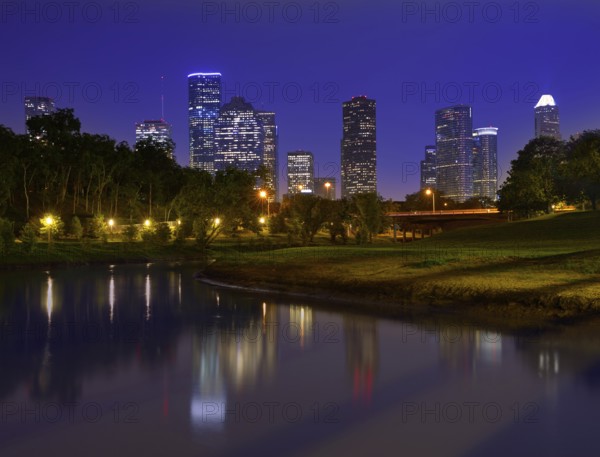Houston sunset skyline from Memorial park at Texas US