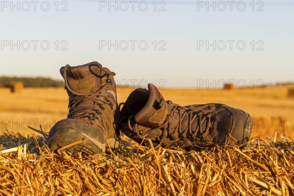 Hiking boots in the evening sun on a field