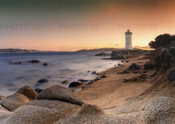 Long exposure view of the Punta Palau Lighthouse on the Emerald Coast of Sardinia at sunrise