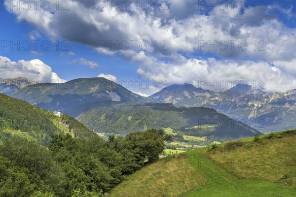 Landscape of Alps mountains with Rothelstein castle, Styria, Austria, Europe