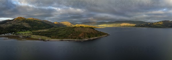 Evening mood at Loch Alsh with Tulach Ard hill, drone shot, Reraig, Kyle, Scotland, Great Britain