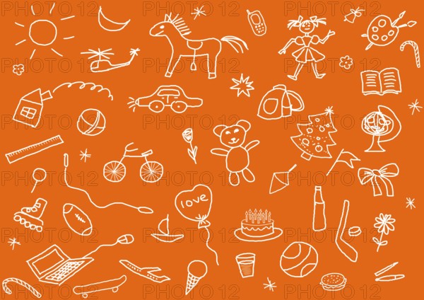 A set of various child's drawings over white