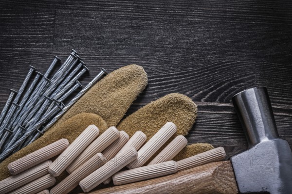 Leather gloves stainless construction nails claw hammer wooden dowels