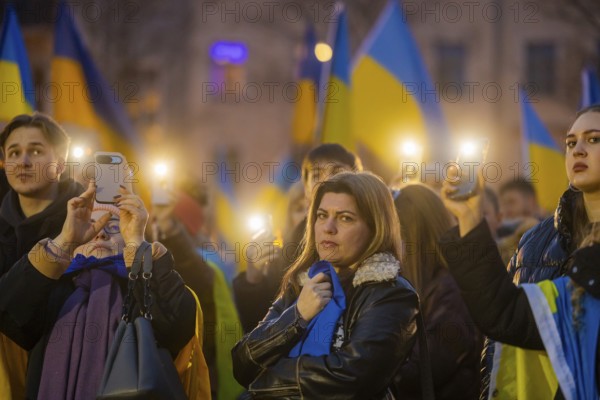 24 February marked the third anniversary of Russia's invasion of Ukraine. To mark the occasion, Ukrainian war refugees living in Dresden and their supporters demonstrated on the Neumarkt in front of the Church of Our Lady and then marched through the city centre, Dresden, Saxony, Germany, Europe
