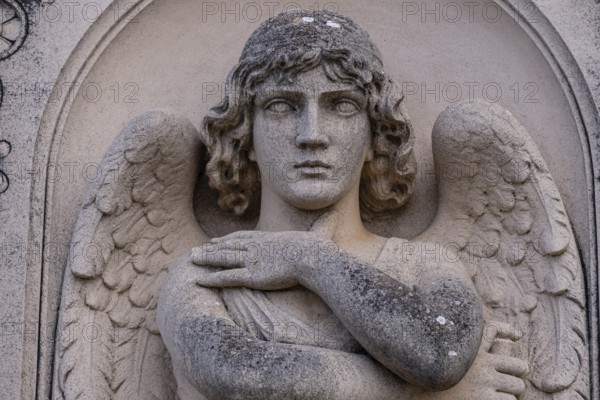 Angel with trumpet, J.Serra Riera sculptor, Llucmajor cemetery, Mallorca, Balearic Islands, Spain, Europe