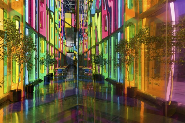 Colourful window reflections in the convention centre, Montreal, Province of Quebec, Canada, North America