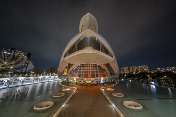 Futuristic architecture at night with illuminated structures reflecting on water in an urban setting, City of Arts and Sciences, Valencia, Spain, Europe