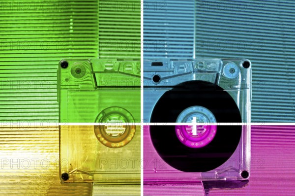Transparent Cassette tape. Multicolored background