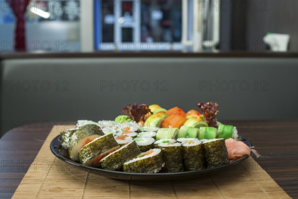 Plate of sushi in restaurant