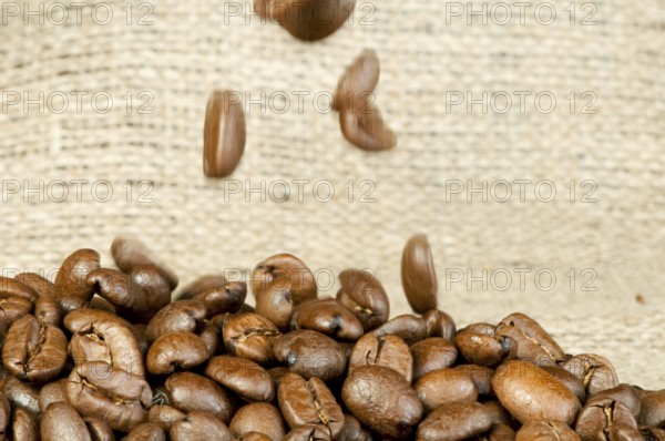 Coffee beans closeup on burlap