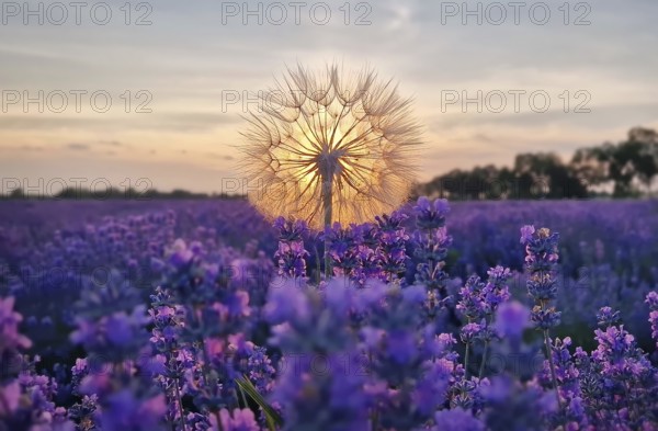 Closeup fluffy dandelion against vibrant sunset in the purple lavender field. Beautiful summer landscape, fragrant lavandula plants in the meadow