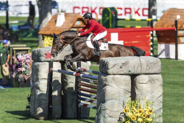 Calgary, Canada, Sept., 7, 2024. Jorne Sprehe of Germany, riding Toys competes in the BMO Nations Cup during the CSIO Spruce Meadows, Masters, presented by Rolex, North America