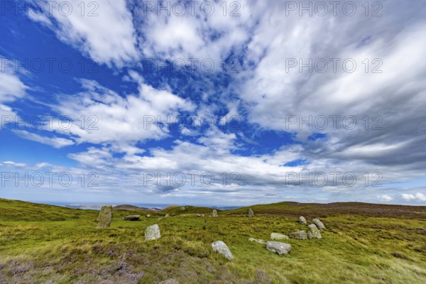 Druids Circle, stone circle in wide landscape with pastures in the mountains, Penmaenmawr, Dwygyfylchi, Caernarfonshire, Conwy County Borough, Wales, Great Britain