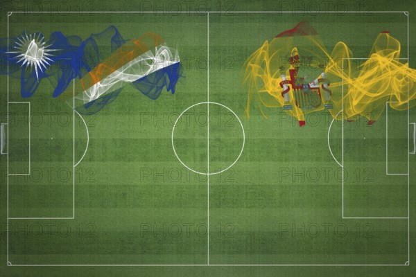 Marshall Islands vs Spain Soccer Match, national colors, national flags, soccer field, football game, Competition concept, Copy space