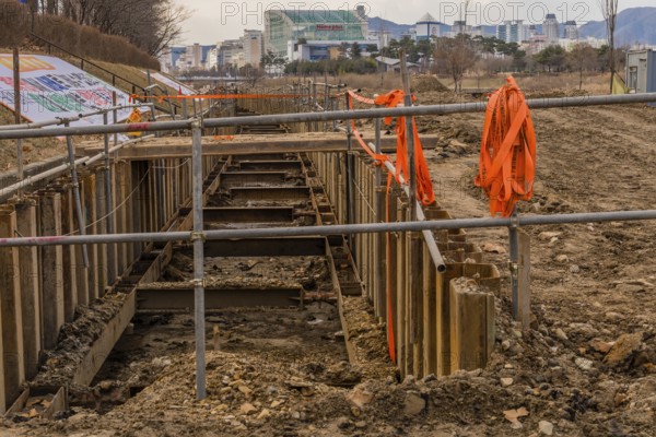 Daejeon, South Korea, January 30, 2020: Foundation work for new structure at construction site in public park in Yuseong-gu, Asia