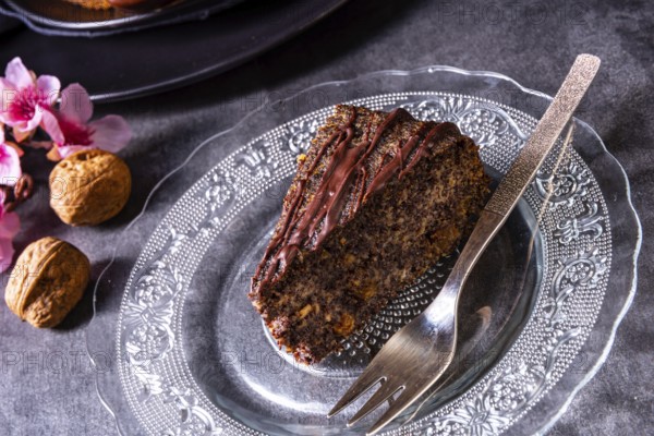 Juicy poppy seed cake with apples and chocolate icing