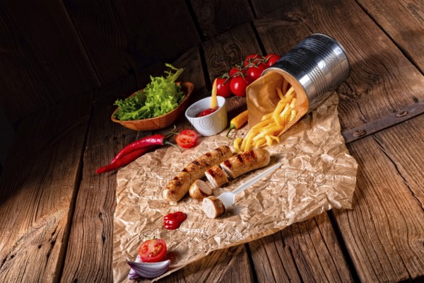 Rustic bratwurst with pommes and hot ketchup