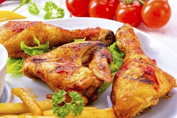 Grilled chicken wings, legs, chips and vegetables