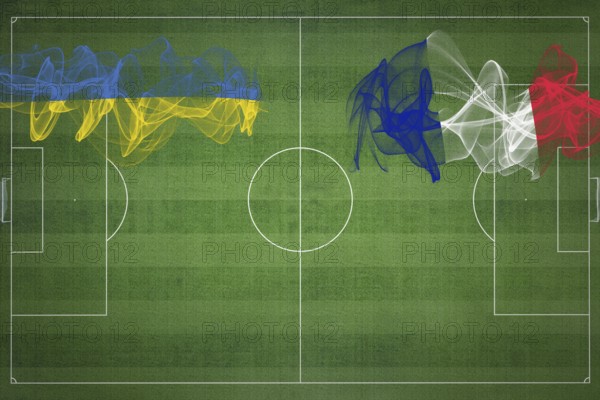 Ukraine vs France Soccer Match, national colors, national flags, soccer field, football game, Competition concept, Copy space