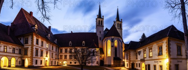Abbey courtyard of Göß Abbey, blue hour, panoramic view, former monastery of the Benedictine nuns, Leoben, Styria, Austria, Europe