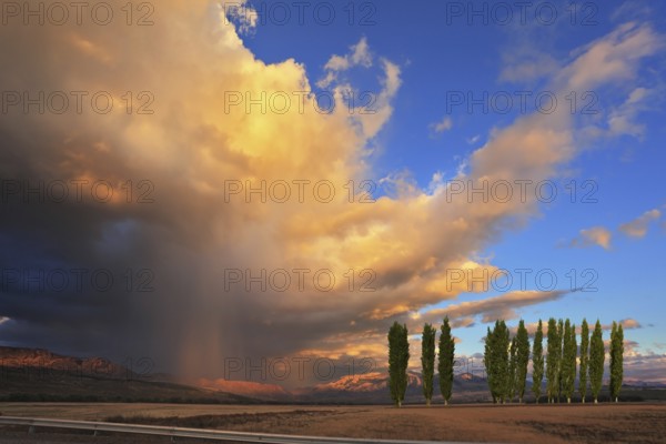 The beautiful huge cumulonimbus cloud is shined with the sunset. Rain streams are shone with orange light. The cloud hangs over the gravel road