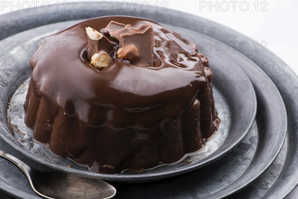 Chocolate pudding with chocolate dressing on a plate
