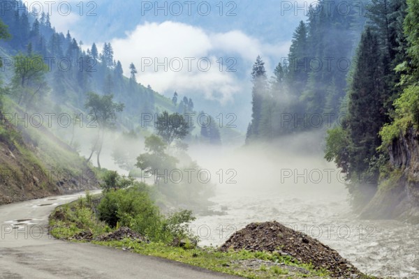 Road and Kishanganga river, Gurez valley, Kashmir, India, Asia