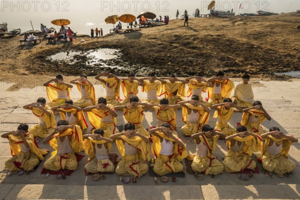Students performing yoga varanasi uttar pradesh, india, asia