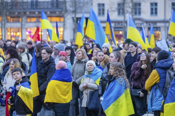 24 February marked the third anniversary of Russia's invasion of Ukraine. To mark the occasion, Ukrainian war refugees living in Dresden and their supporters demonstrated on the Neumarkt in front of the Church of Our Lady and then marched through the city centre, Dresden, Saxony, Germany, Europe