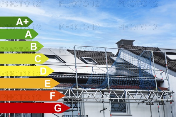 Scaffolding and solar panels on the roof of a detached house in Essen, energy efficiency classes according to the GEG, Essen, Germany, Europe