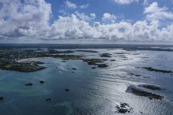 Aerial view of the coast of Plouguerneau with offshore islands at the mouth of the English Channel into the Atlantic Ocean, Leon, Finistere Penn-ar-Bed department, Bretagne Breizh region, France, Europe