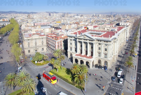 Aerial Barcelona view with Ramblas and Paseo passeig de Colon