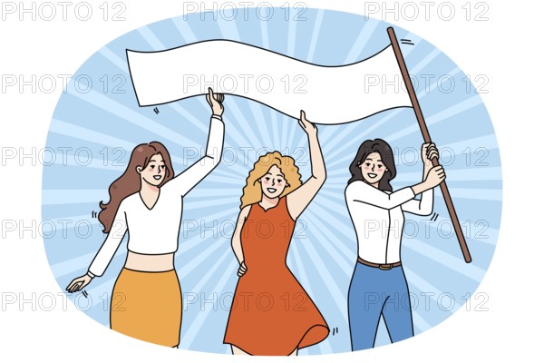 Smiling diverse women with banner for international woman day celebrate together. Happy female activists fight for feminist rights and equality. Feminism and girl power. Vector illustration
