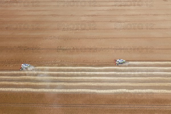 Combine harvester working on a wheat field. Combine harvester Aerial view