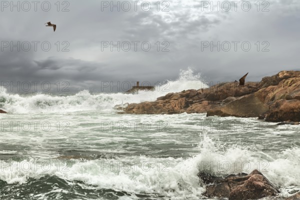 The ocean westbound of Portugal at the water mouth of the River Douro in Porto in autumn